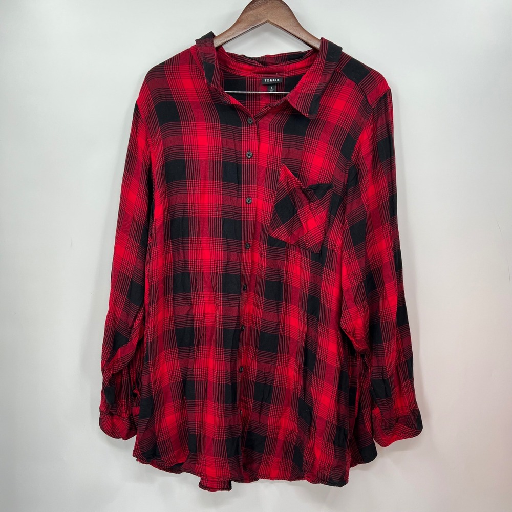 Torrid Red Black Plaid Long Sleeve Button Up Shirt Rhinestone Skull Plus Size 5
